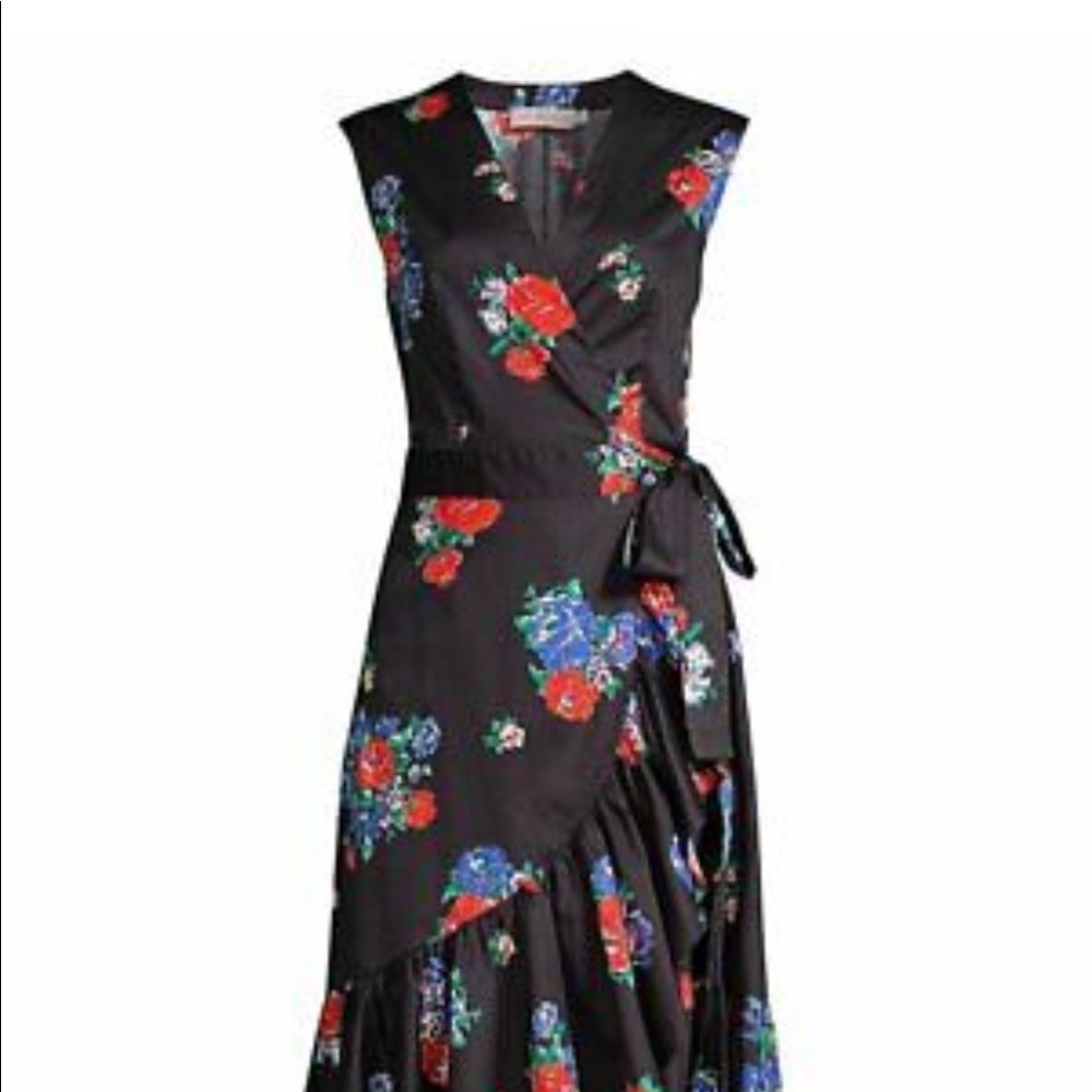 Tory Burch Black Floral Wrap Dress with Red and Blue Blooms
